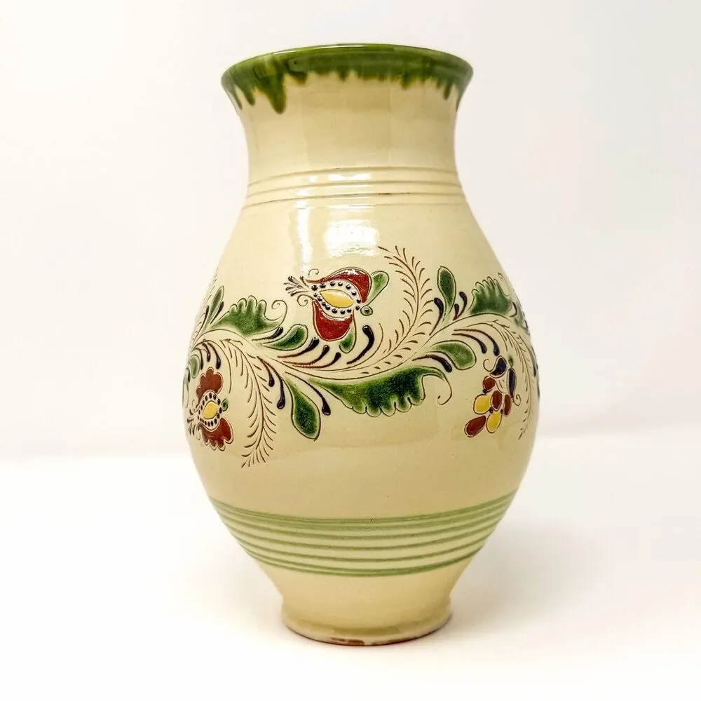 Vintage Hungarian Folk Art Studio Pottery Vase – Hand Painted – Signed 9”